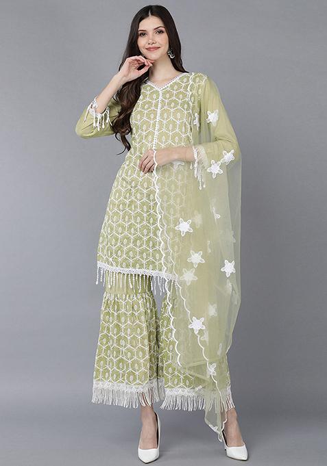 Green Embroidered Poly Silk Kurta Set