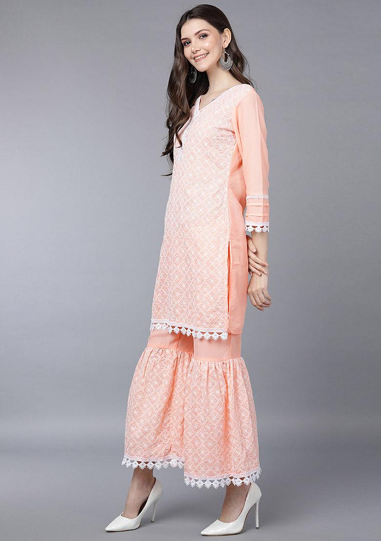Peach Embroidered Poly Silk Kurta Set