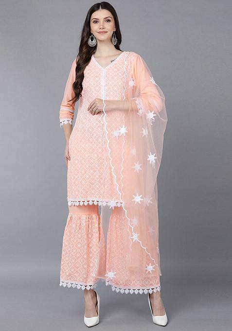 Peach Embroidered Poly Silk Kurta Set