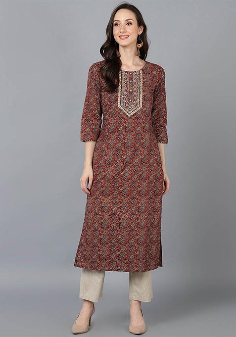 Brown Yoke Design Cotton Kurta