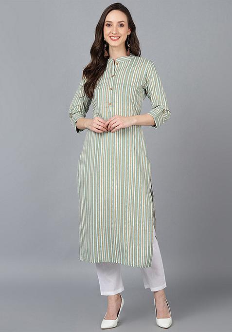 Green Printed Cotton Kurta