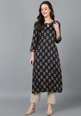 Black Printed Cotton Blend Kurta