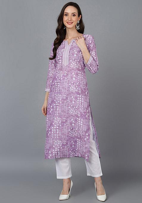 Lavender Printed Poly Silk Kurta