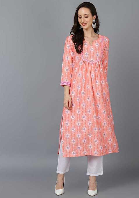 Peach Printed Poly Silk Kurta