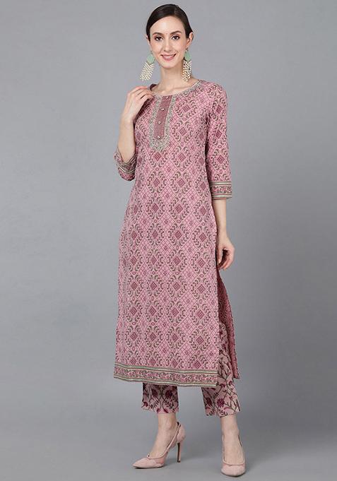 Mauve Printed Cotton Kurta