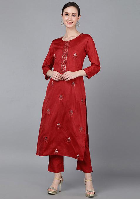 Red Solid Silk Kurta