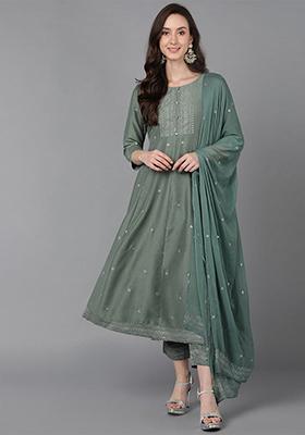 Teal Green Printed Poly Silk Kurta Set