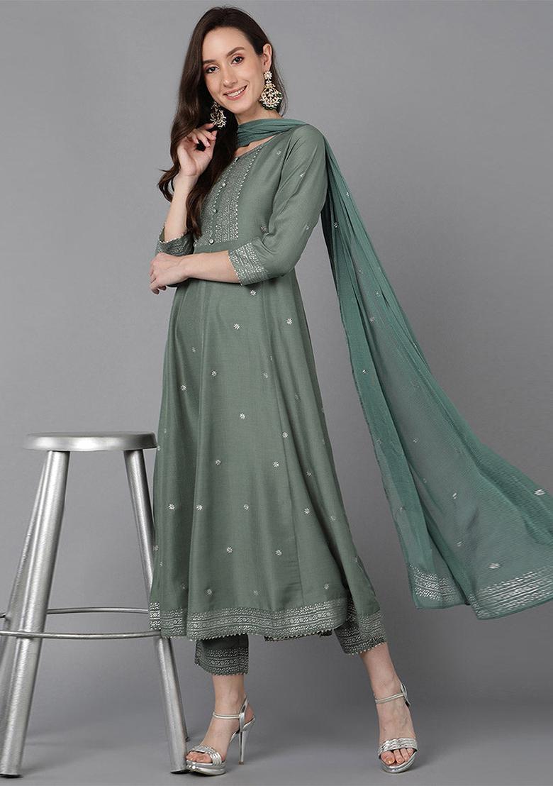 Teal Printed Poly Silk Kurta Set