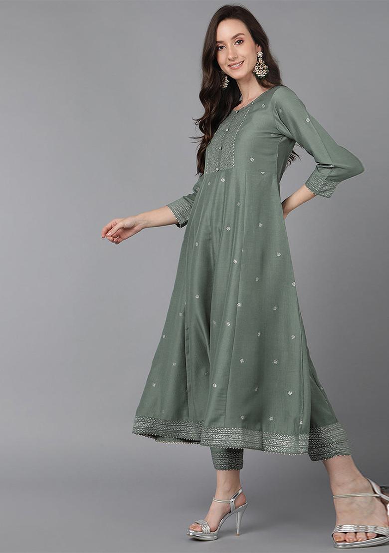 Teal Printed Poly Silk Kurta Set