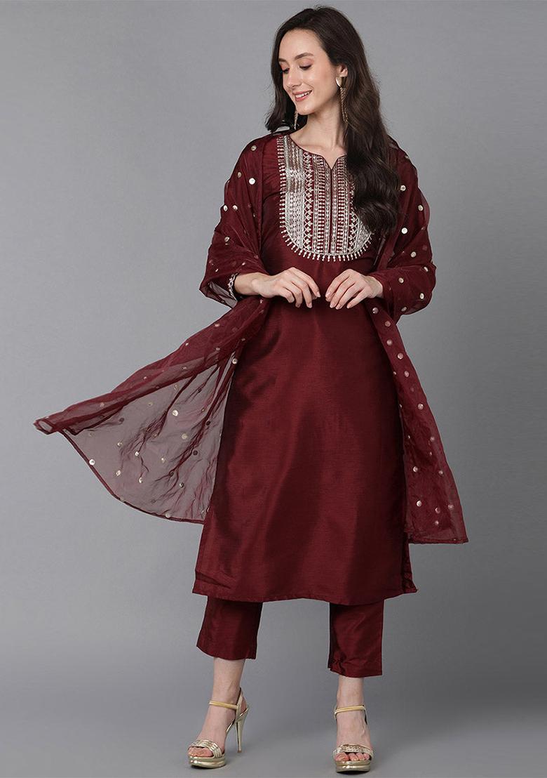 Maroon Yoke Design Poly Silk Kurta Set