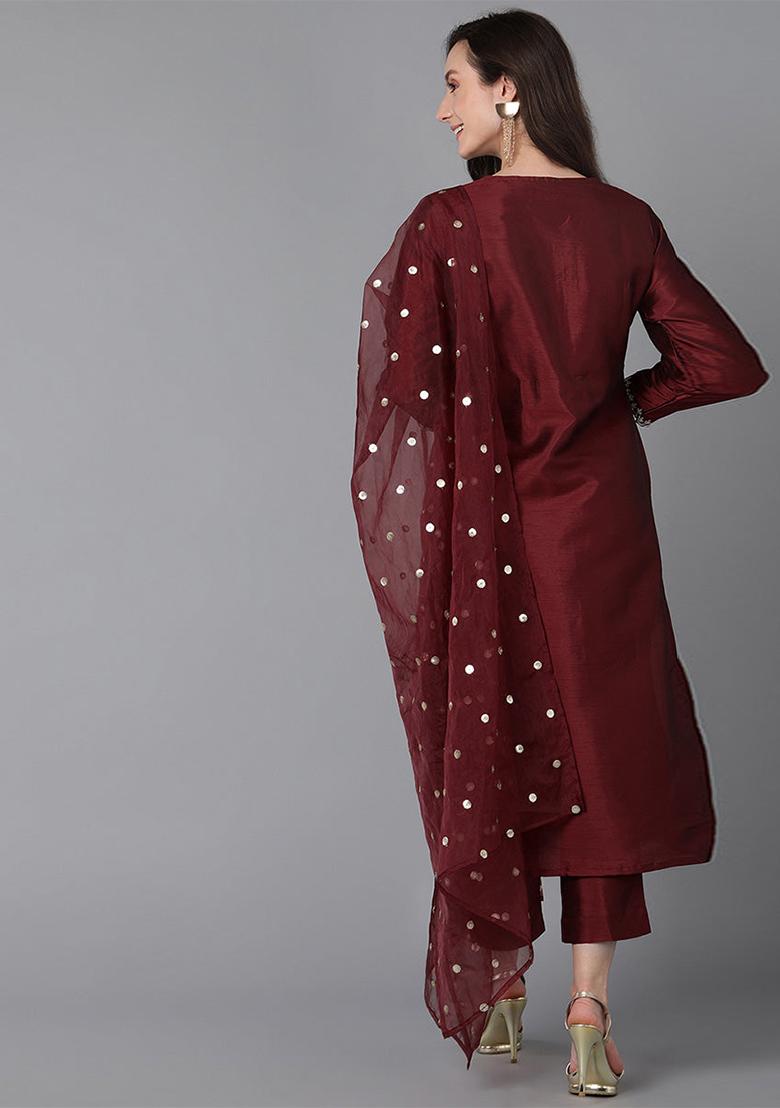 Maroon Yoke Design Poly Silk Kurta Set