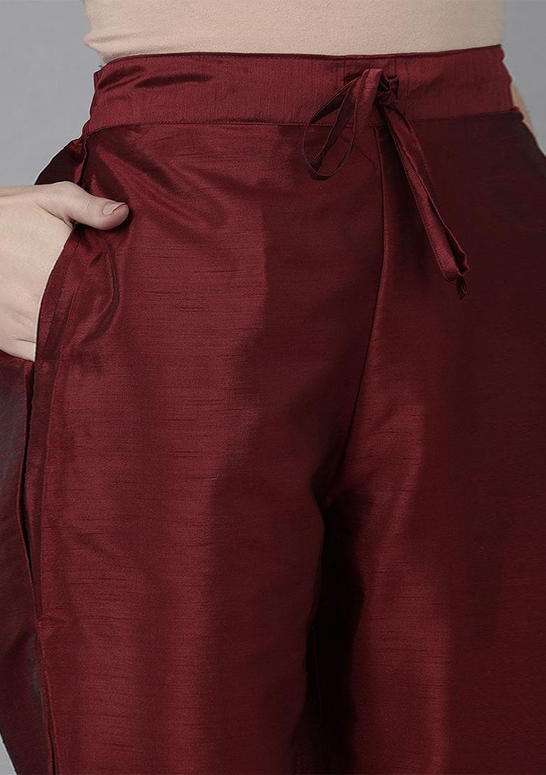 Maroon Yoke Design Poly Silk Kurta Set