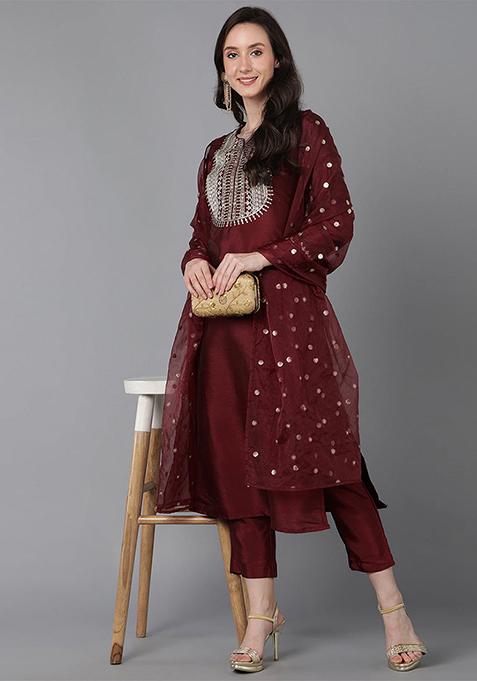 Maroon Yoke Design Poly Silk Kurta Set