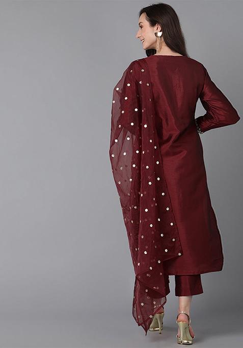 Maroon Yoke Design Poly Silk Kurta Set