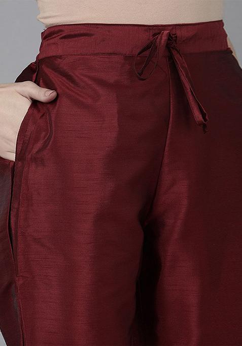 Maroon Yoke Design Poly Silk Kurta Set