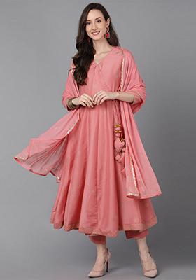 Pink Solid Poly Silk Kurta Set