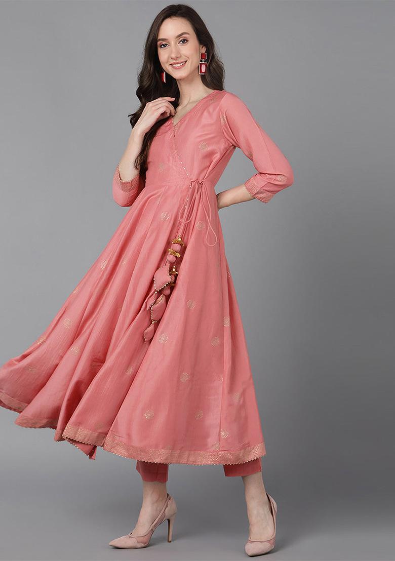 Pink Solid Poly Silk Kurta Set