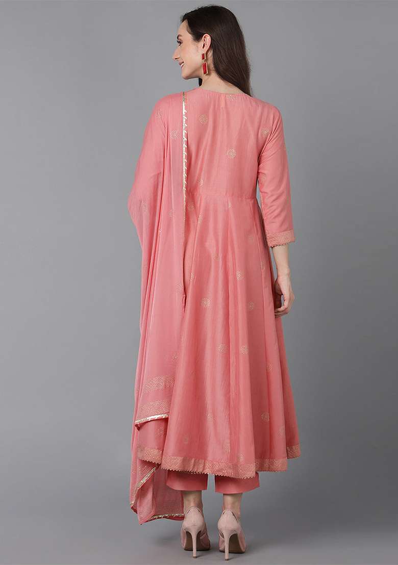 Pink Solid Silk Blend Anarkali Set - Indya