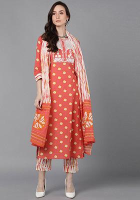 Orange Printed Cotton Kurta Set