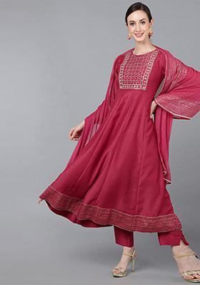 Rose Pink Yoke Design Poly Silk Kurta Set