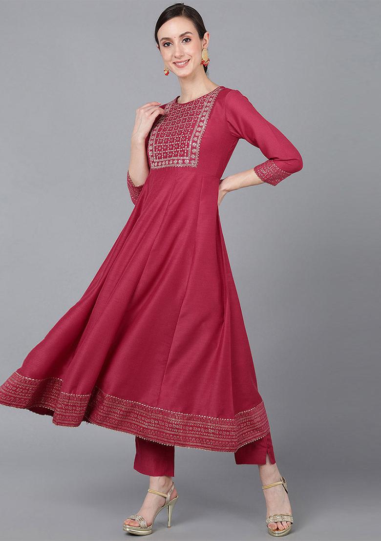 Rose Pink Yoke Design Poly Silk Kurta Set