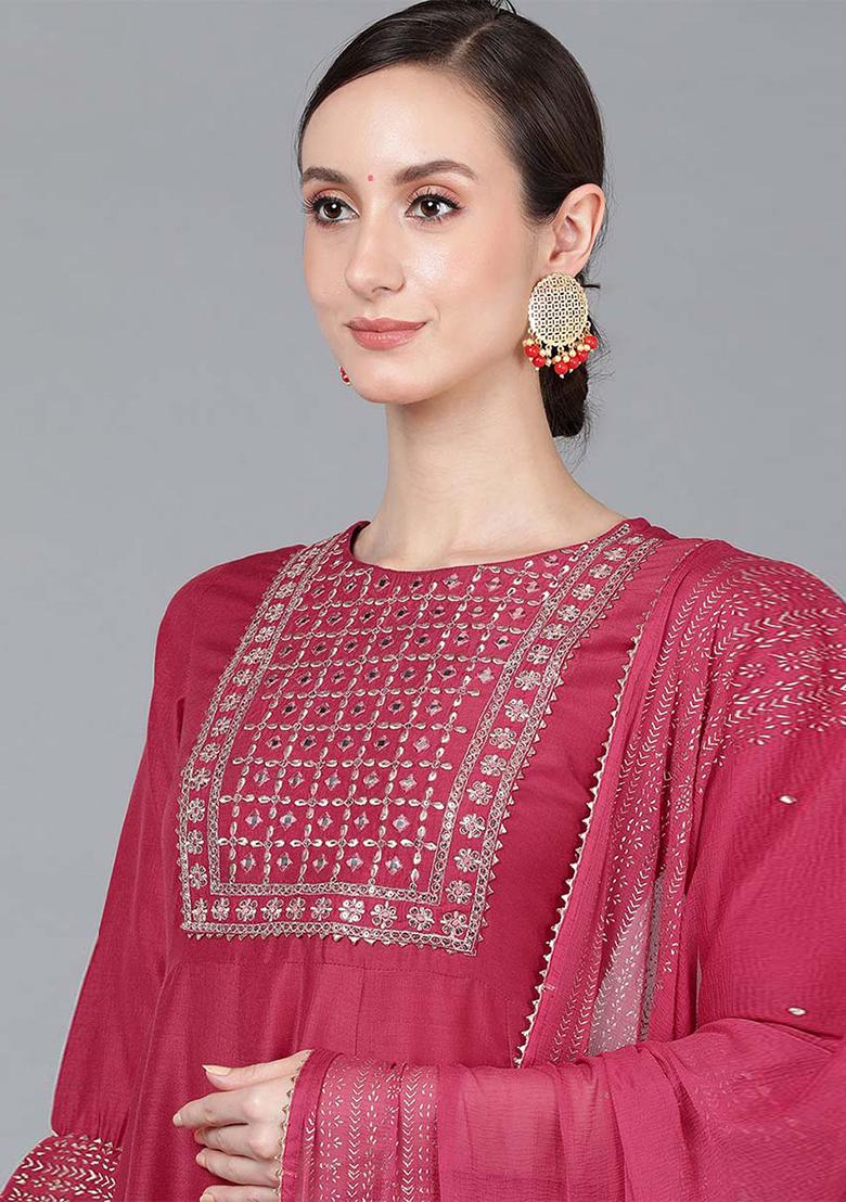 Rose Pink Yoke Design Poly Silk Kurta Set