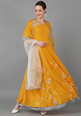 Mustard Embroidered Silk Blend Kurta With Dupatta