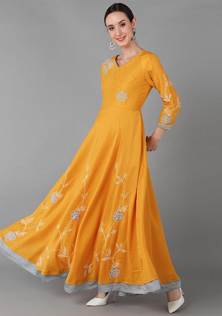 Mustard Embroidered Silk Blend Kurta With Dupatta
