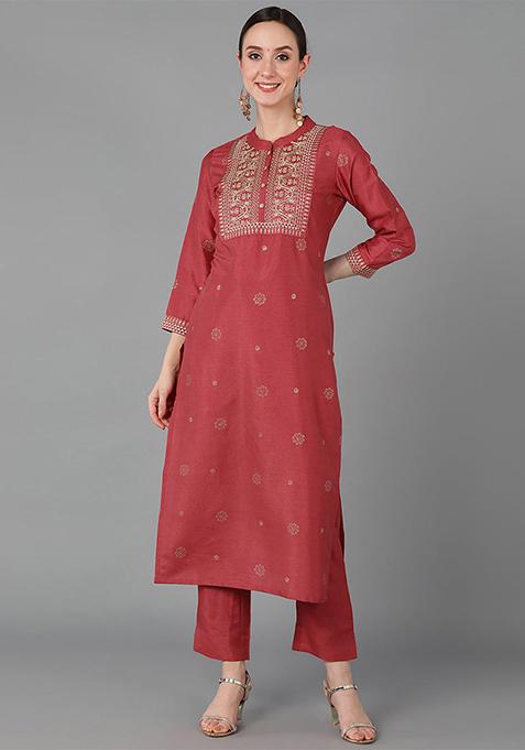 Maroon Yoke Design Silk Blend Kurta