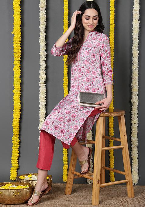 Pink Printed Crepe Kurta