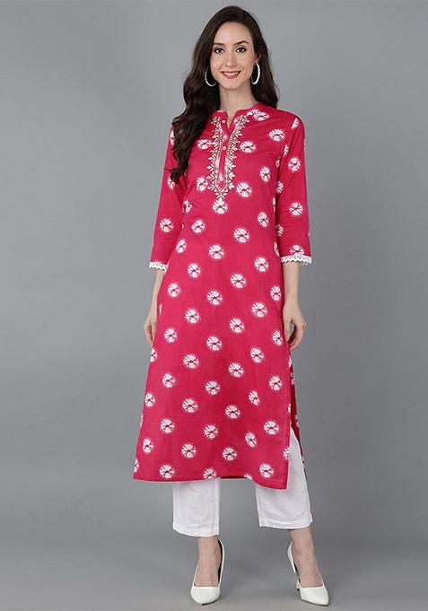 Pink Printed Cotton Kurta