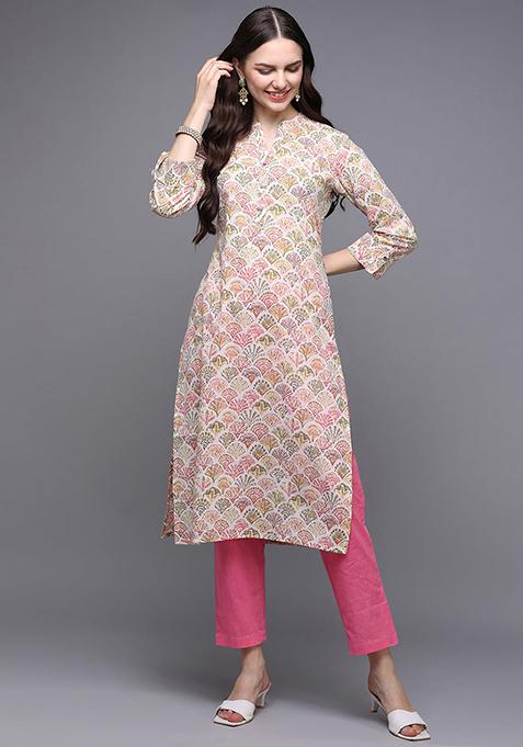 Beige Printed Cotton Kurta