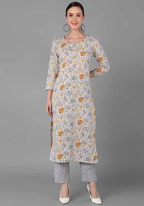 Grey Floral Print Cotton Straight Kurta Set