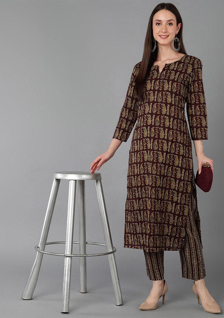 Maroon Printed Cotton Kurta