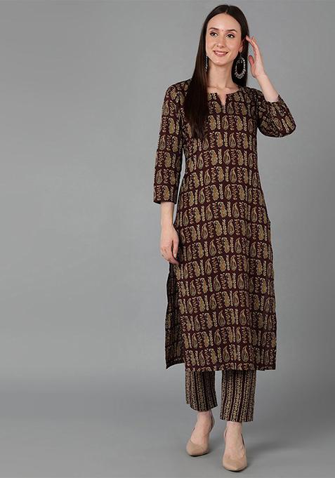 Maroon Printed Cotton Kurta