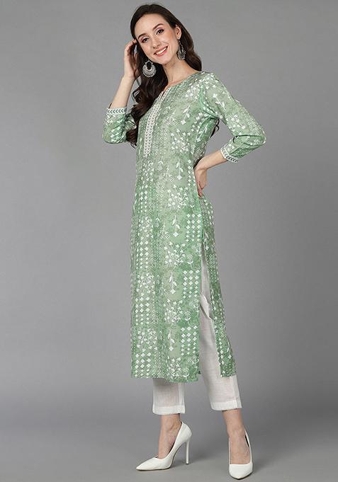 Green Printed Silk Kurta