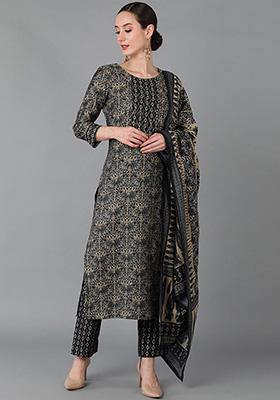 Black Printed Silk Blend Kurta Set