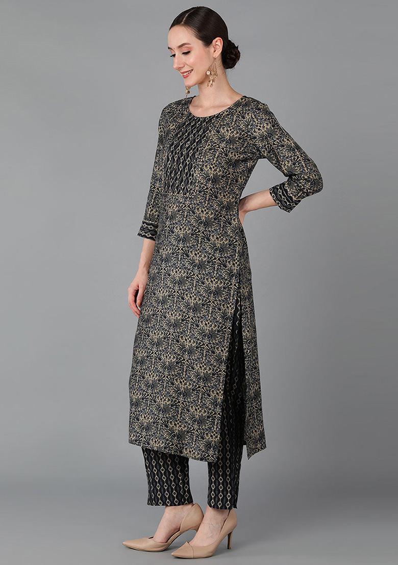 Black Printed Silk Blend Kurta Set