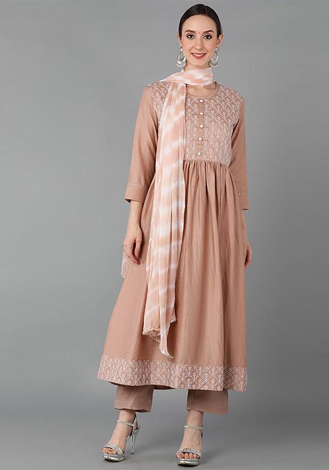 Beige Yoke Design Silk Blend Kurta Set