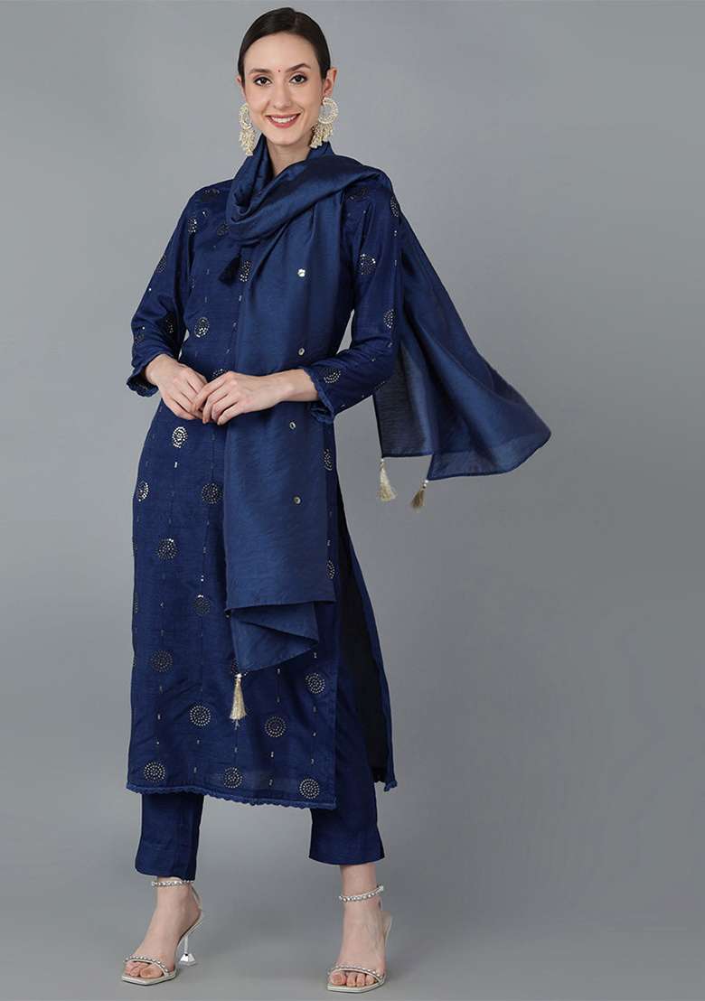 Navy Blue Embroidered Silk Blend Straight Kurta Set - Indya