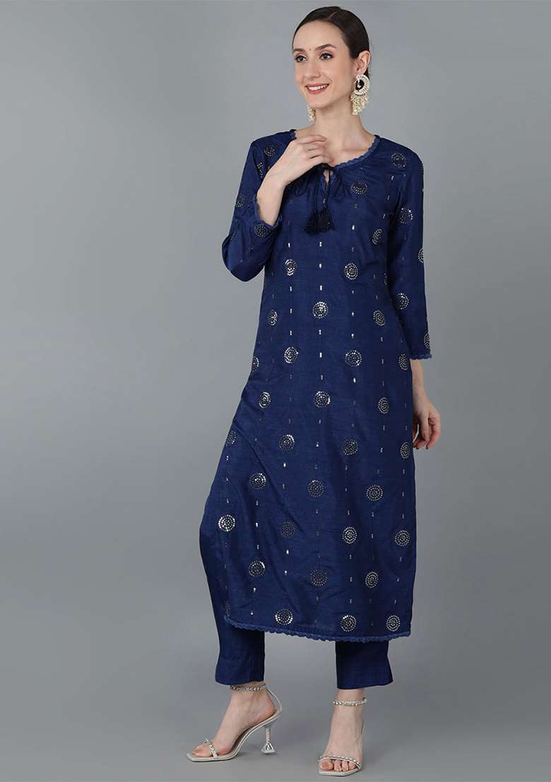 Navy Blue Embroidered Silk Blend Straight Kurta Set - Indya