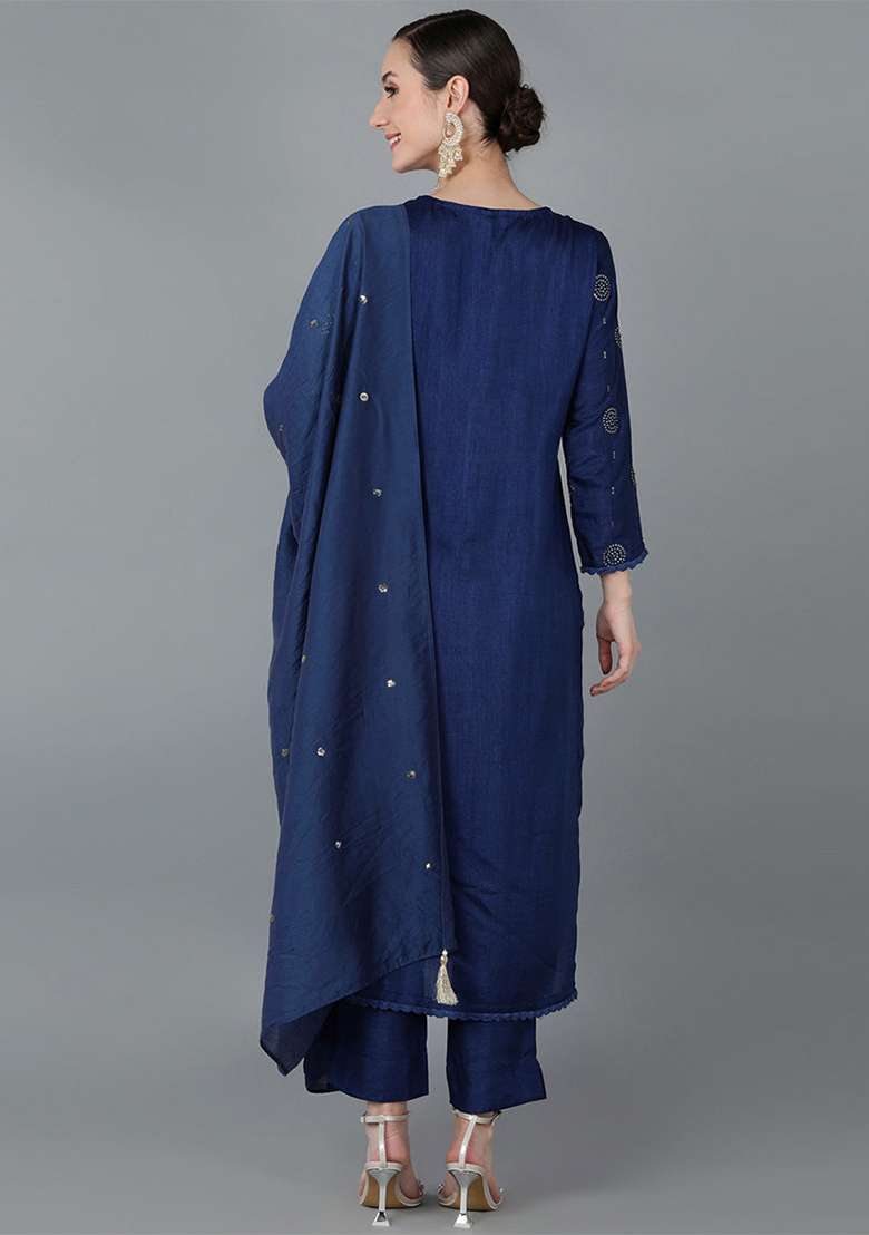 Navy Blue Embroidered Silk Blend Straight Kurta Set - Indya
