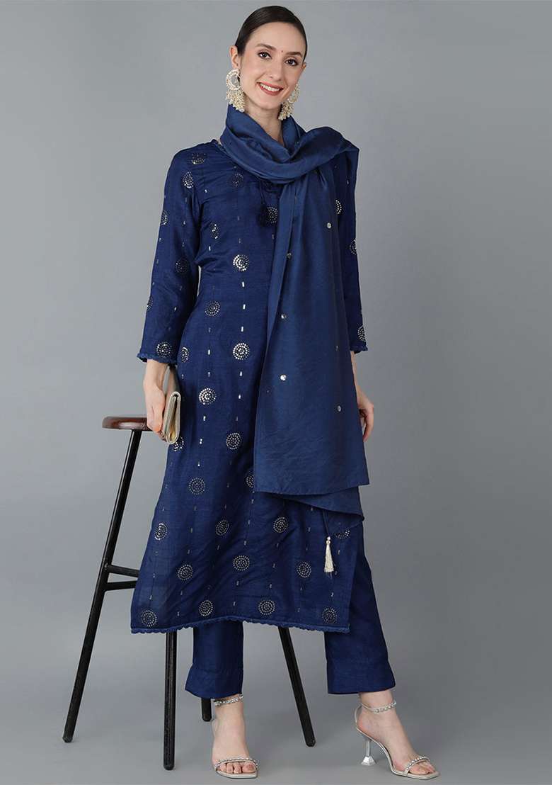 Navy Blue Embroidered Silk Blend Straight Kurta Set - Indya