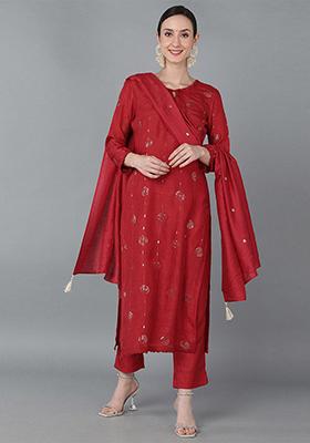 Red Solid Silk Blend Kurta Set