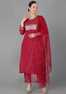 Fuchsia Solid Poly Silk Kurta Set