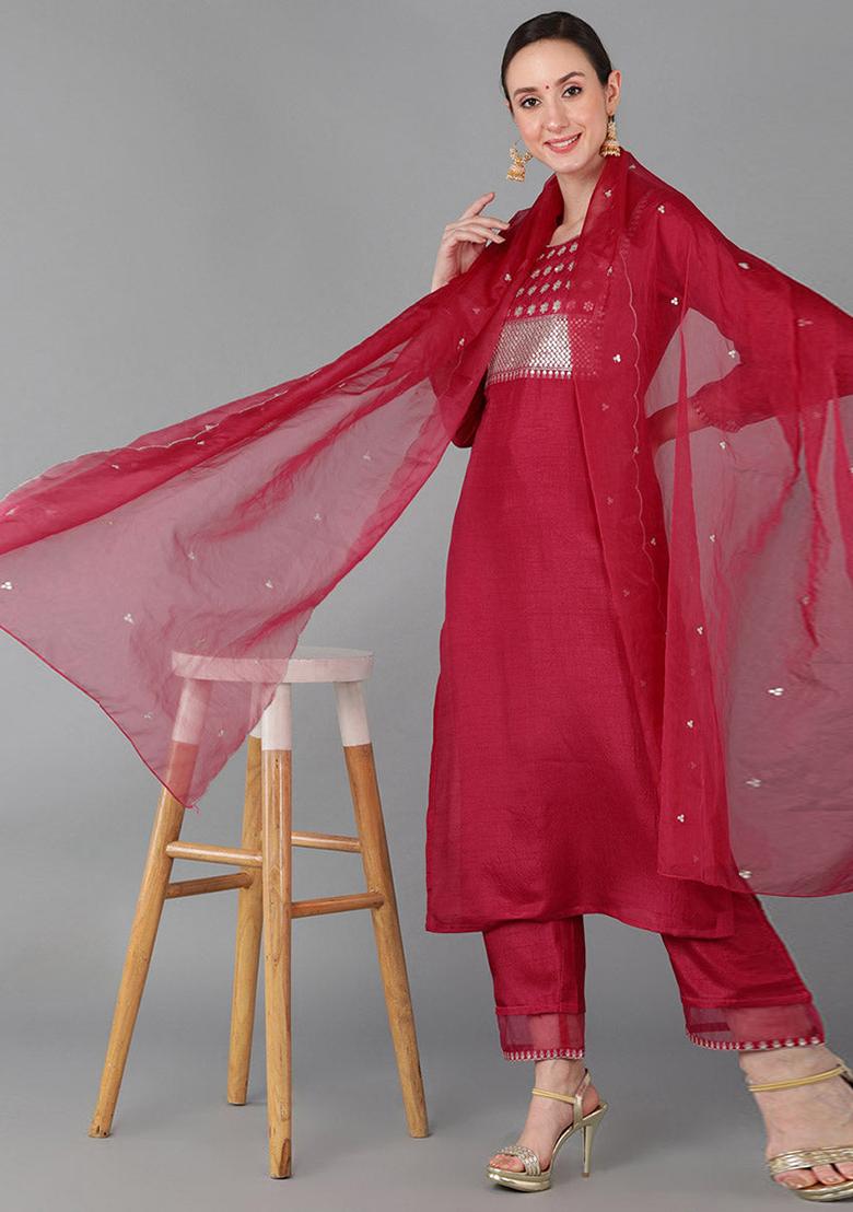 Fuchsia Solid Poly Silk Kurta Set