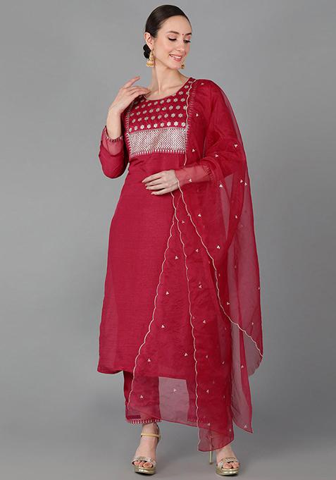 Fuchsia Solid Poly Silk Kurta Set