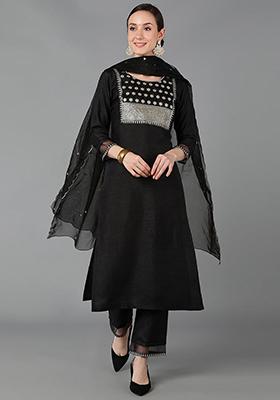 Black Solid Poly Silk Kurta Set
