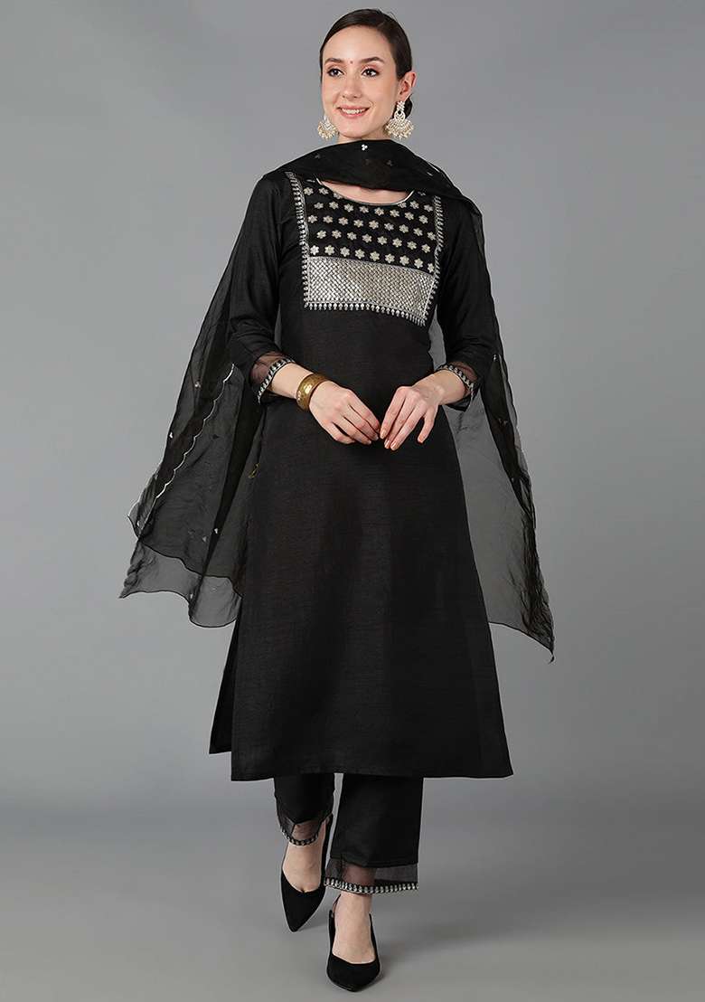 Black Embroidered Silk Blend Straight Kurta Set - Indya