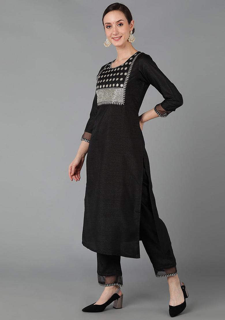 Black Solid Poly Silk Kurta Set